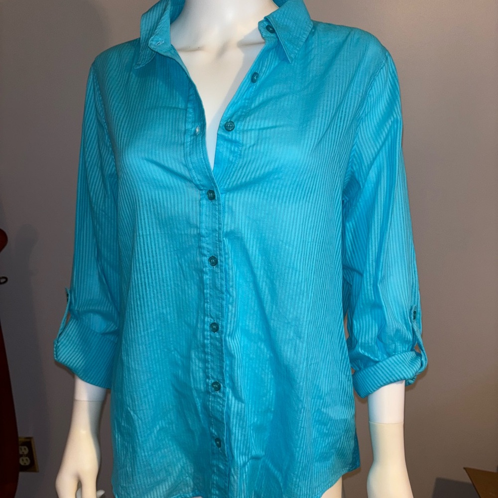 Chico's Blue Relaxed Button Down Shirt with Notched Collar